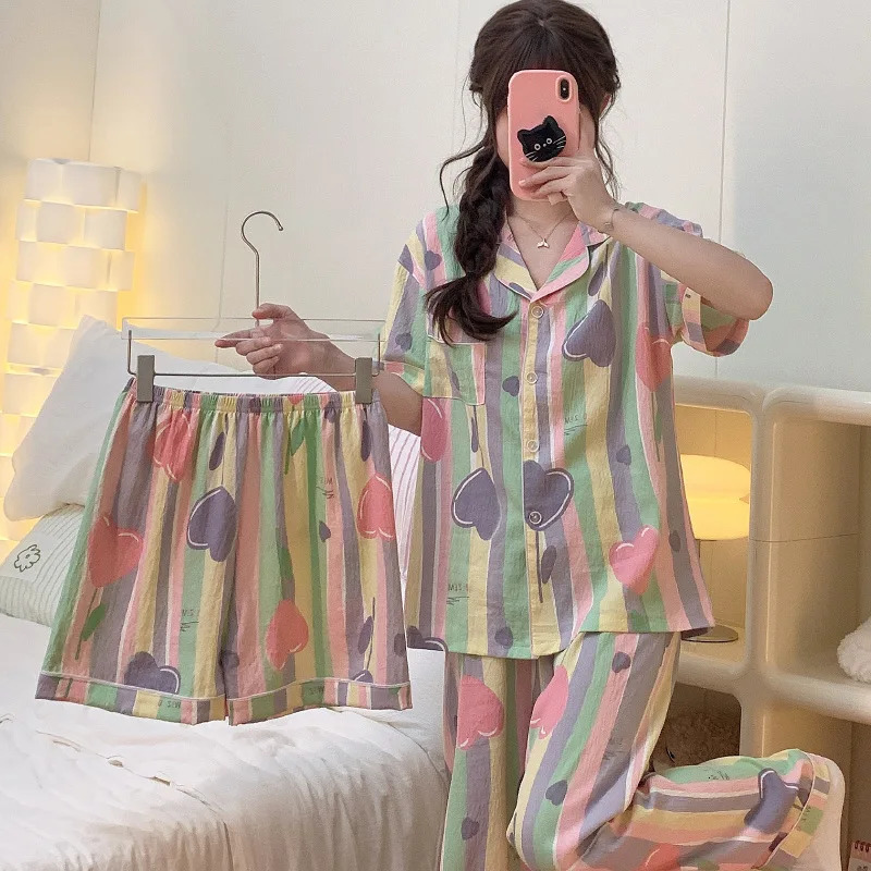 Womens three piece pajamas home wear striped printed dopamine colorful clouds cotton short sleeves girls 250409