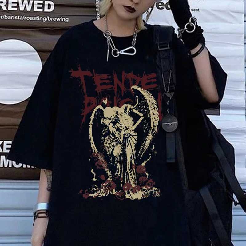Womens T-shirt Hip Hop Street Clothing Top Gothic Devil Angel Retro Printed T-shirt Womens Summer Punk Oversized T-shirt Casual T-shirtXJ250409