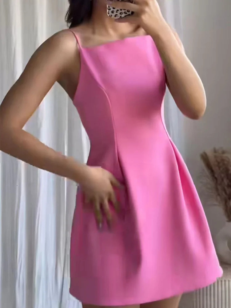 TFMLN Elegant Womens Pink spaghetti Shoulder Strap Dress Summer Ultra Thin Short Skirt Party Fashion ALine 250409