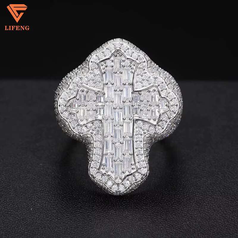 New Trendy Mens 925 Sterling Silver 18K Gold-Plated Luxury Baguette Cut Cross Ring VVS Moissanite Diamond Custom Hip Hop