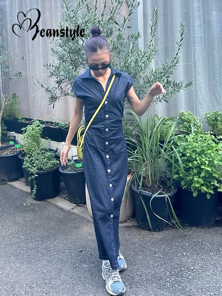 Elegant womens denim dress Vneck front split tight fitting single chest button short sleeved spring vintage clothing 250409