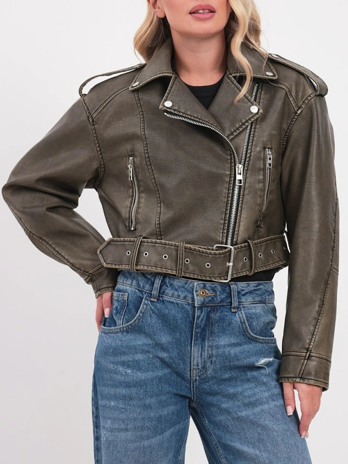 Womens synthetic leather short sleeved jacket retro womens belt zipper motorcycle 250409