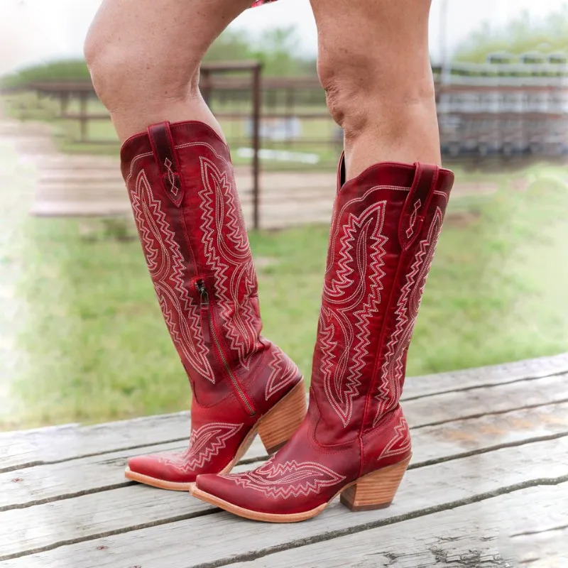 Womens Autumn/Winter European and American Pointed Thick Heel High Barrel Large Western Side Zipper Denim Boots 251106