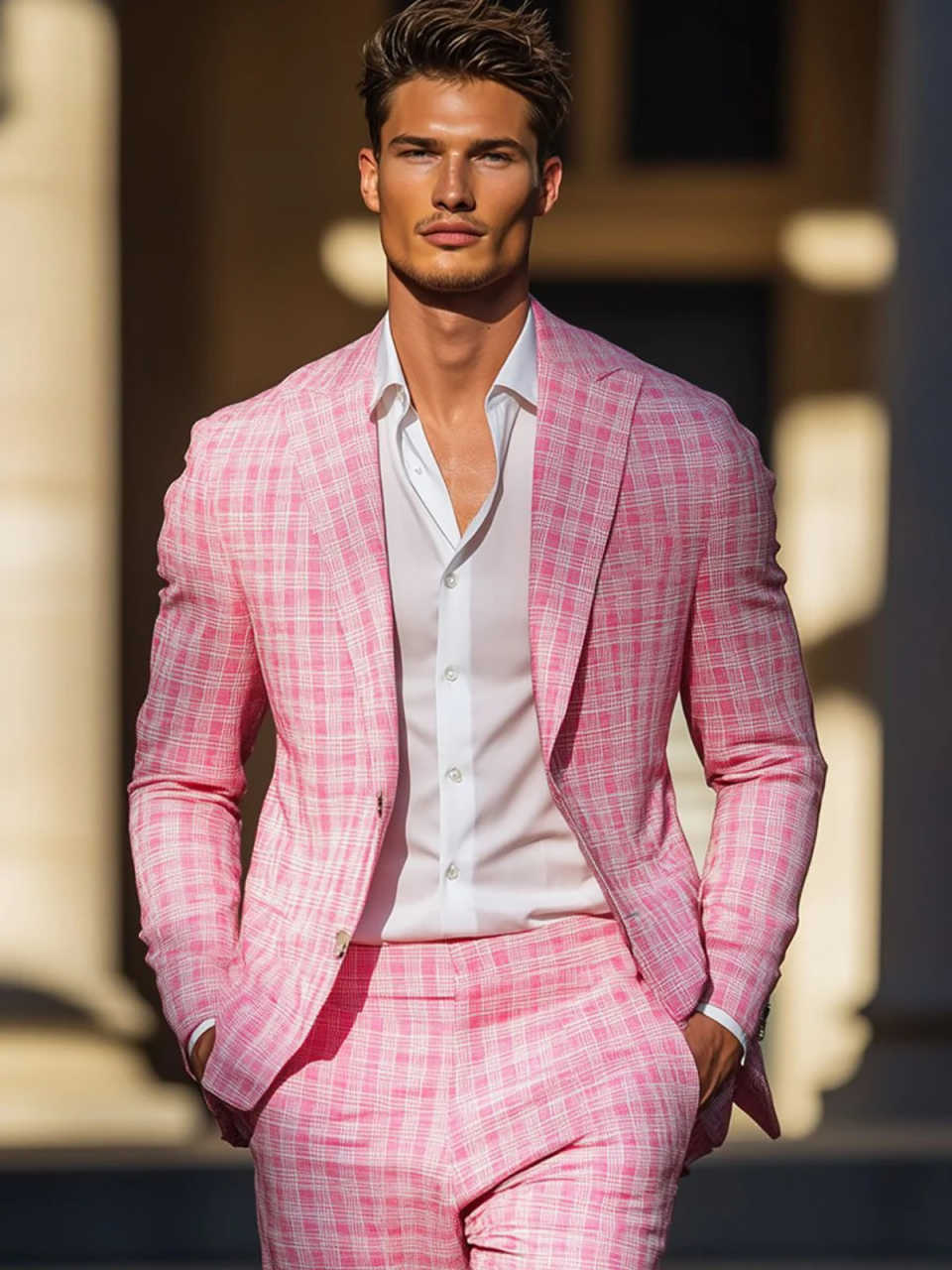 Summer Pink Plaid Mens Tuxedos Peaked Lapel Formal Party Birthday Groom Wear Customized Cosplay Outfits 2 Pieces