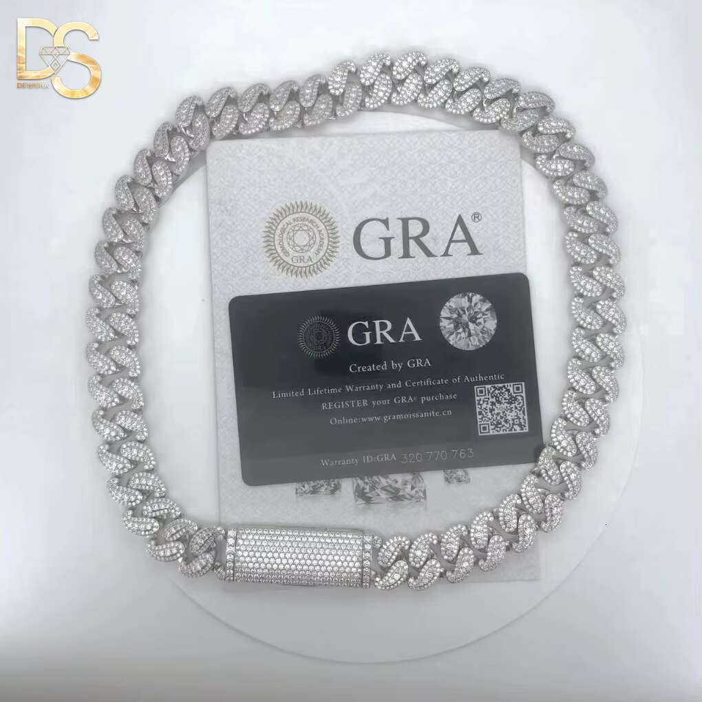 Luxury Hip Hop 18IN 20IN S925 Silver Plated VVS Moissanite Necklace Men Iced Out Cuban Link Chain