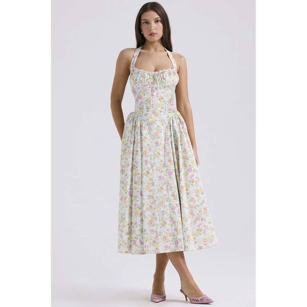 2025 New Summer Slim Fit Strap Long European and American Style Fashion Printed Halter Lace Night club maxi dress SEXY DRESSES FOR WOMEN