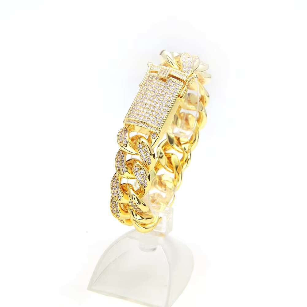 20mm Gold Plated Brass Iced Out AAA CZ Micro Pave Dia Cuban k Mens Jewelry Bracelets