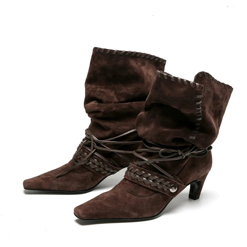 Liyke Autumn Winter Brown Suede Weave Laceup Women Fold Pleated Ankle Boots Fashion Thin Low Heels Chelsea Western Ladies Shoes 251103