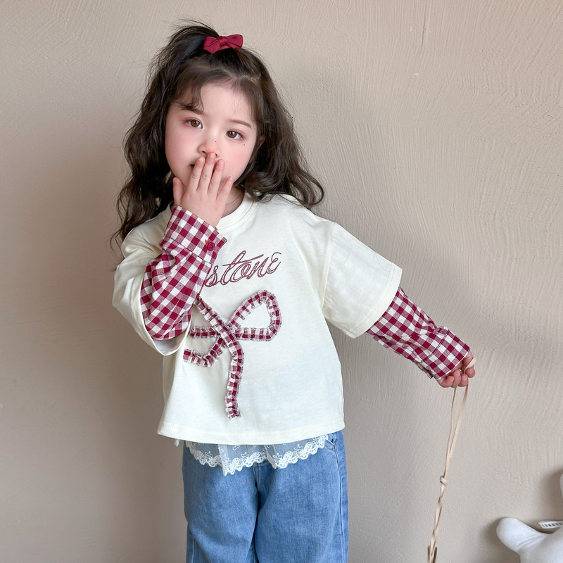 Ddmyshoesvip Bow Fake Two Piece T Shirt Spring Autumn Edition New Fashionable Little Girl S Western Style Bottom Shirt For Middle And Small Children
