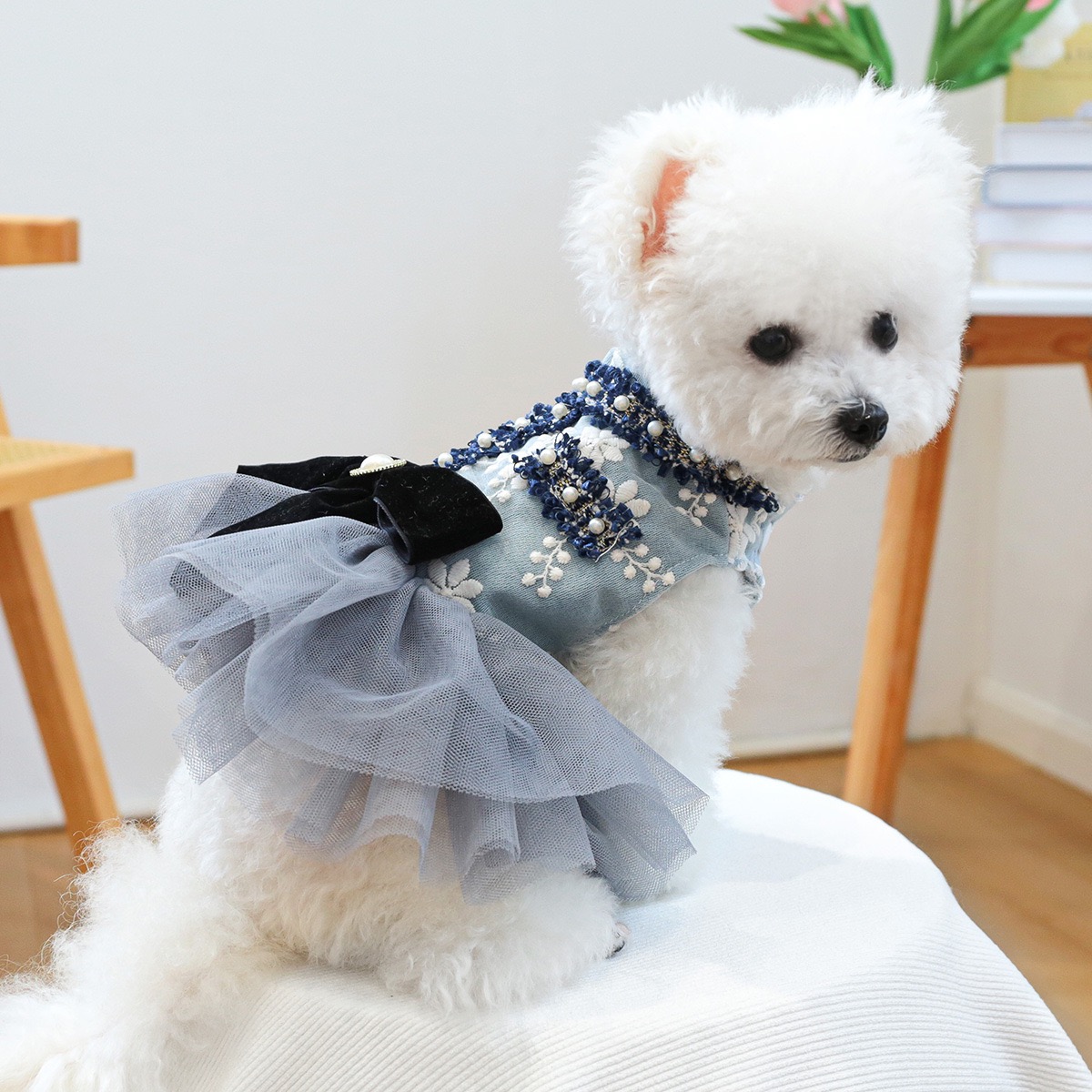 Fancy Dog Dress , Embroidered Dog Wedding Dress, Bow Puppy Clothes for Small pet Girl Multi-Layer Lace Cat Outfit blue