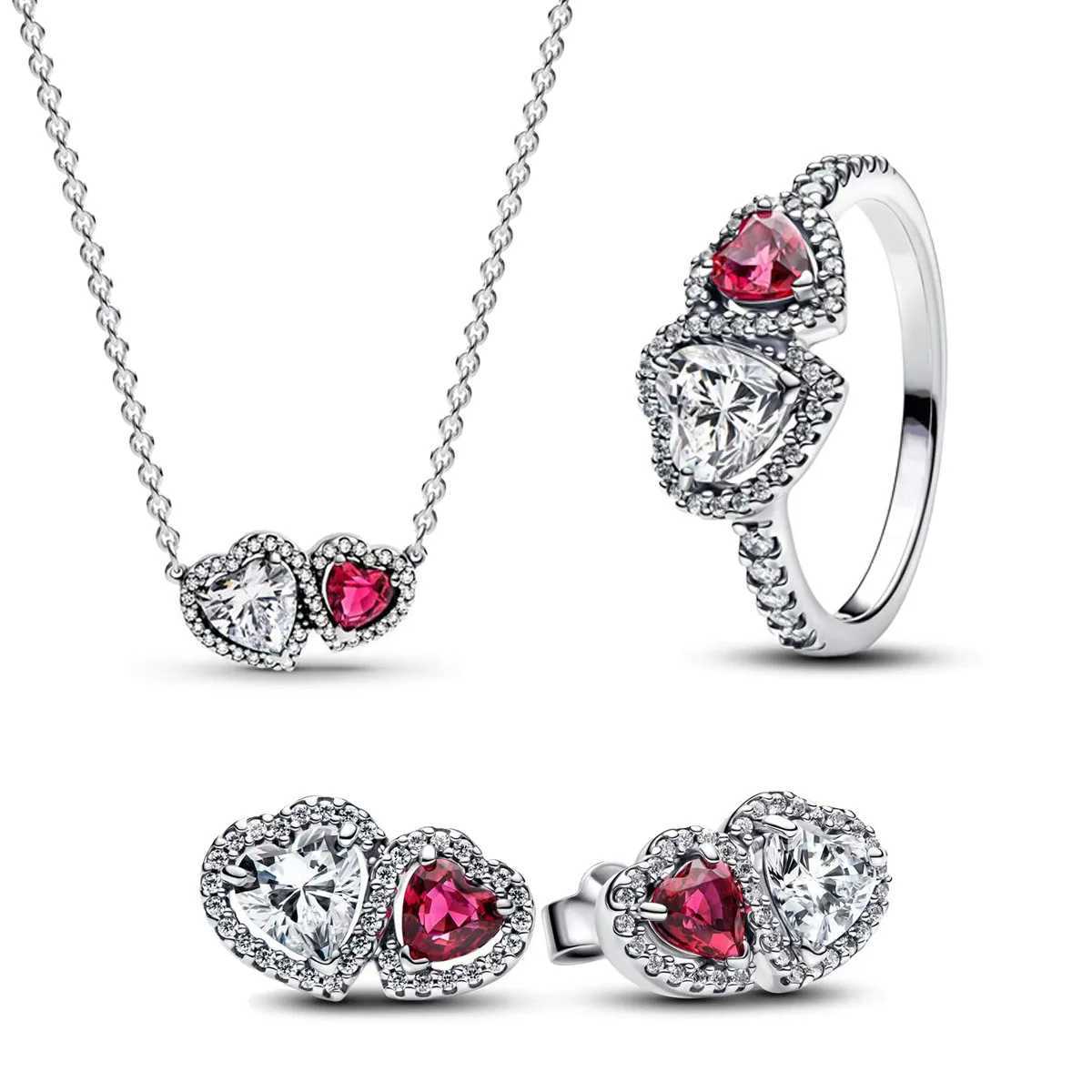 Original 925 sterling silver zircon pink sparkling bow set ring earring necklace original DIY womens exquisite jewelry gift Y250408