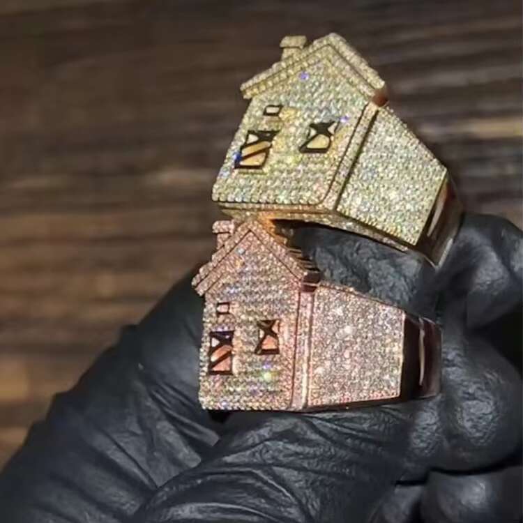 Custom VVS Moissanite Cuban Ring Fine Jewelry S925 Sterling Silver Gold Plated Men Ring Trap House Moissanite Diamond Ring