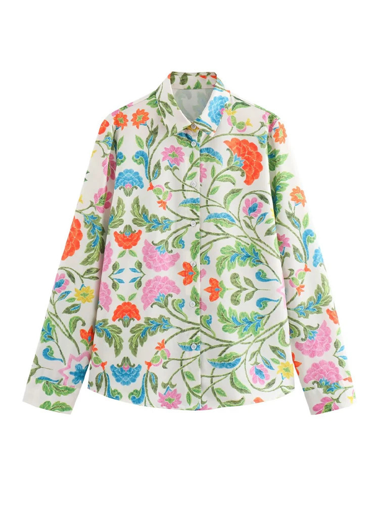 European and American style lapel long sleeved printed poplin fashionable personalized shirt for spring 250409