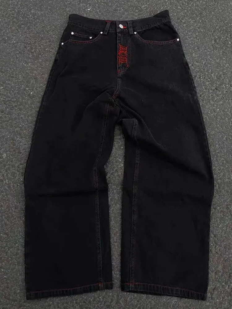 Mens Cotton Fashion Fully Embroidered Skeleton Loose Straight Casual Jeans Street Hip Hop Y2K Retro Pants 250408