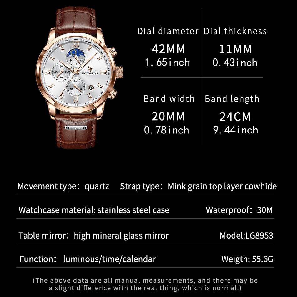 LIGE Men's Quartz Watch 24-hour Moon Phase Calendar Multi-Function Six-pin Watch Classic Business Watch Leather Watch Life Waterproof Watch Quarz