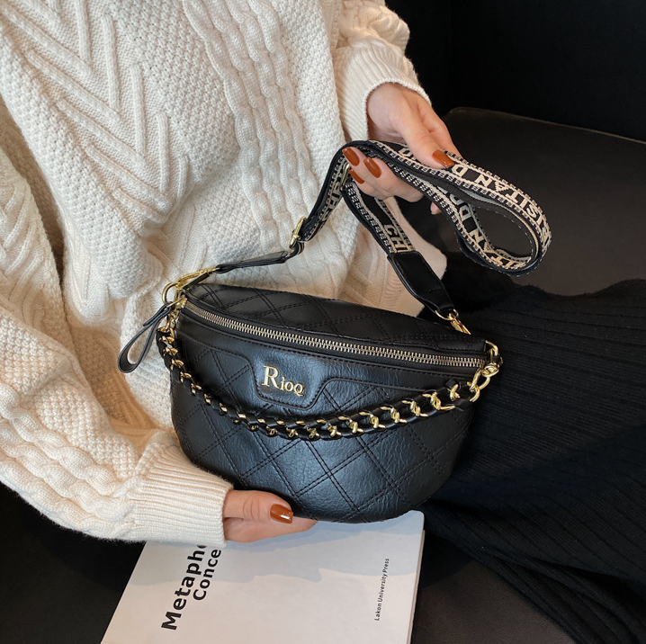 Free Shipping Black & Off-White Quilted Letter Logo Chest Bag Gold Chain Decor Fashion Waist Bag Printed Wide Strap Daily Multi-Use French Style Bag