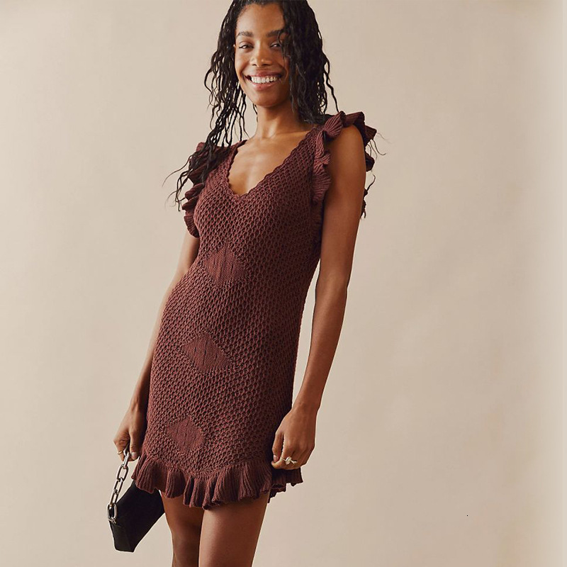 2025 Summer New Womens Solid Color Slim Wood Ear Edge Sleeves Mid Waist Ruffle Edge Womens Dress