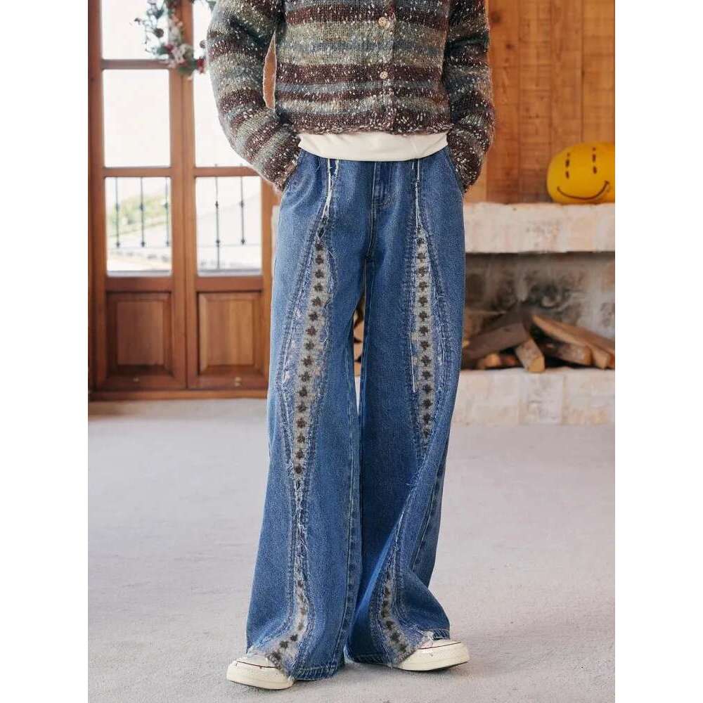 Retro Loose Light Core Veet For Women's Autumn And Winter New Design Sense Splicing Casual Wide Leg Pants