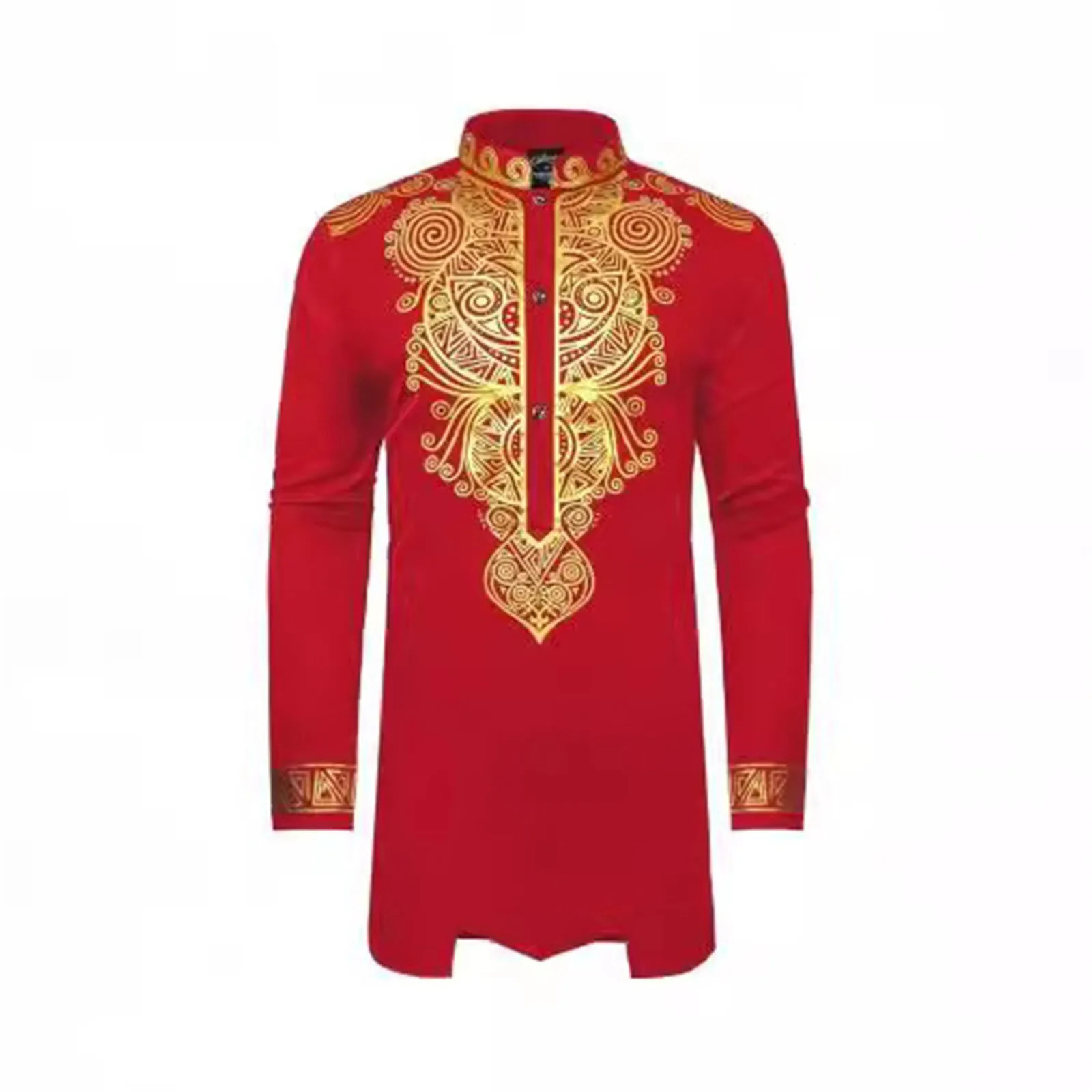 African Mens Muslim Robe Casual Gold Stamp Long Sleeve Saudi Arabia Dubai Juba Thobe Traditional Arab Cafe 250409