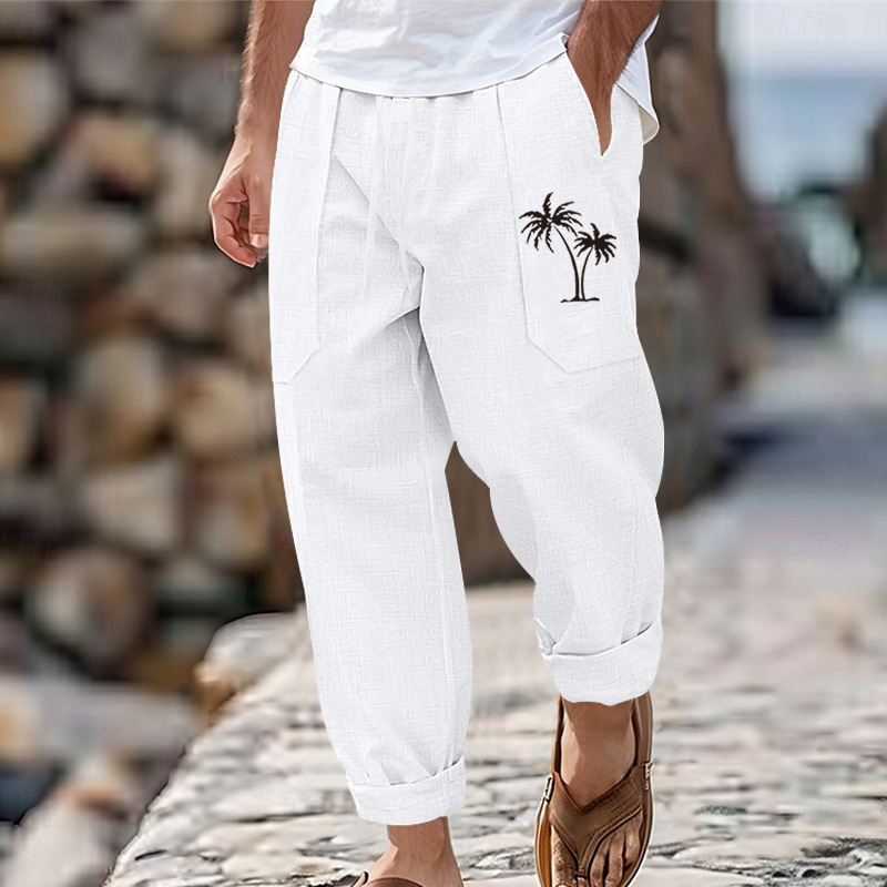 2025 New Designer Men Shorts New Fashionable Casual Beach For Men With Coconut Tree Print Cotton Linen Loose Pants