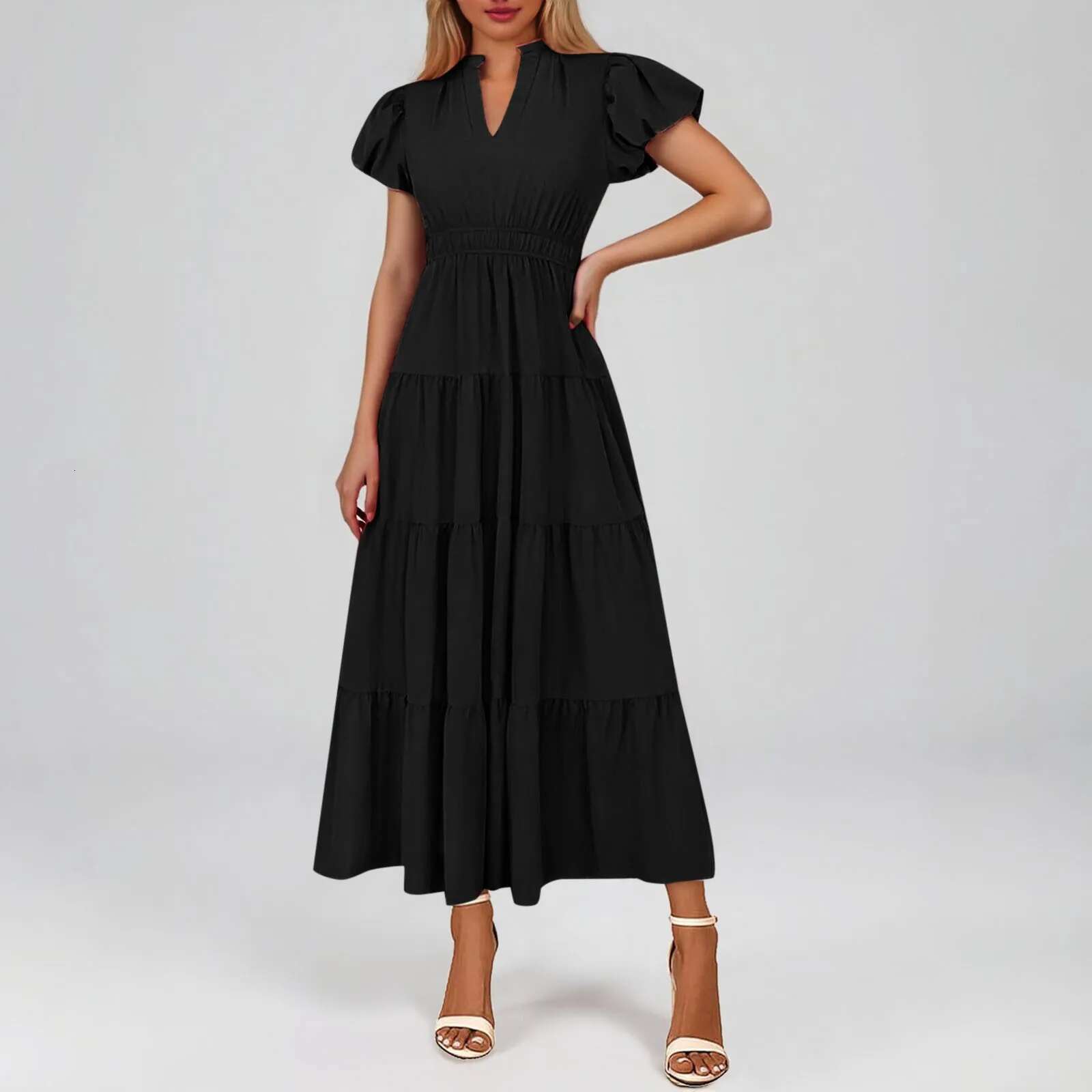 Dongdumaoyi Womens Summer Ruffle Sleeve Maxi Dress Bohemian Casual Flowy Layered Beach Solid Color V Neck Dresses Vestidos