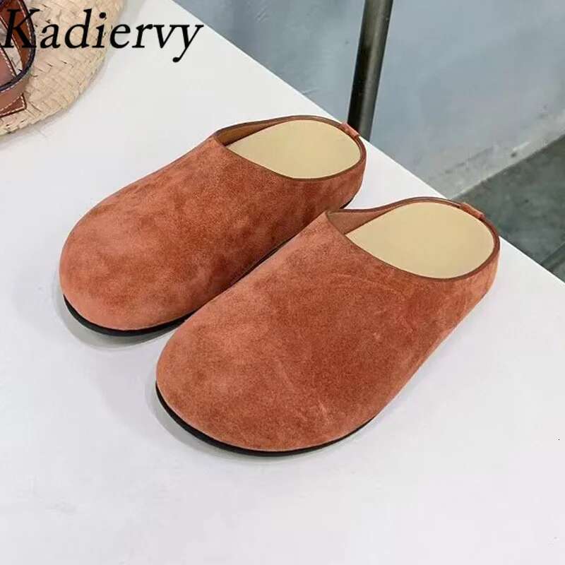New Cow Suede Round Toe Flat Slides Outdoors Casual Mules Shoes Women Comfort Thick Sole Half Slippers Woman