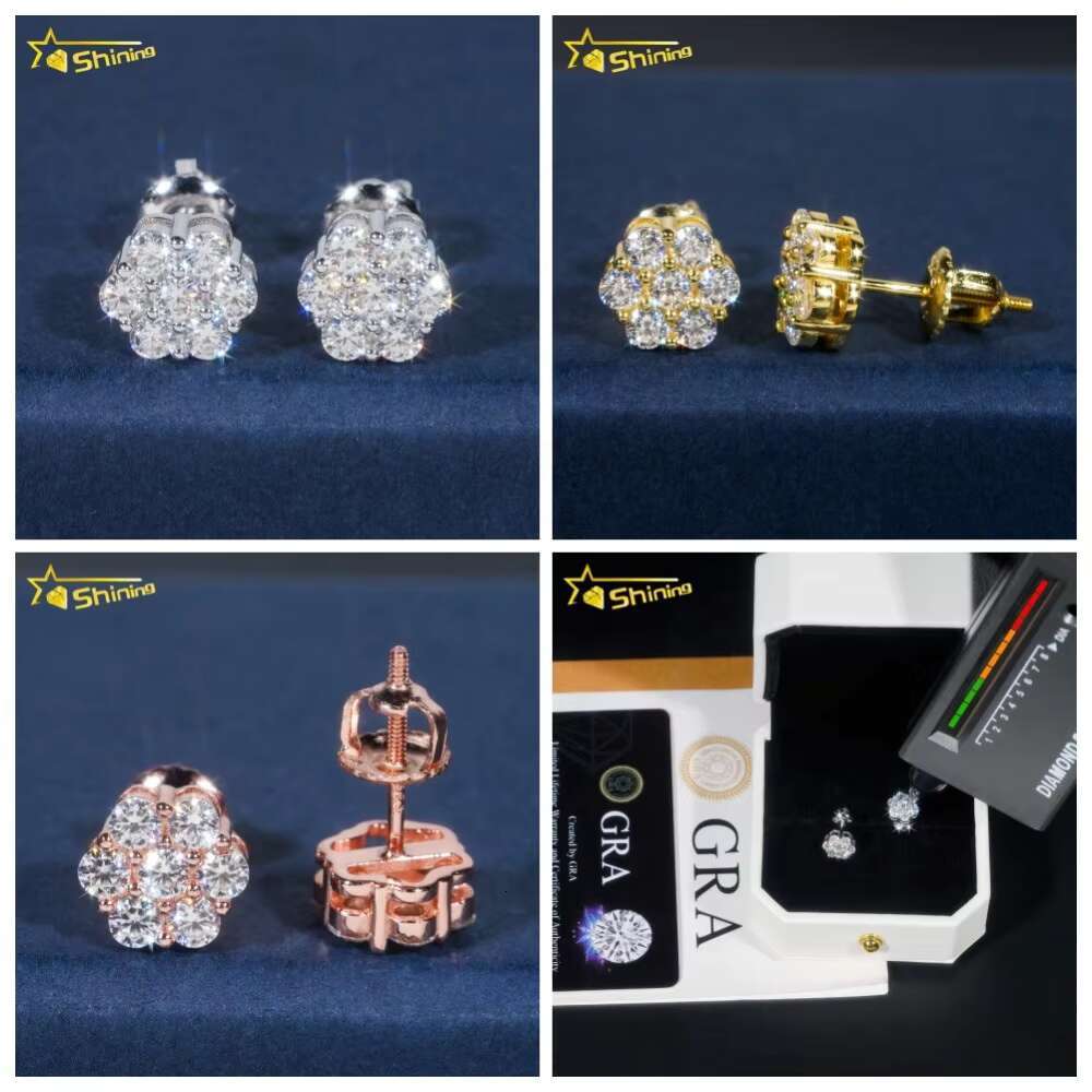 Ready to Ship Hip Hop Style Pass Diamond Tester 925 Silver Gold Plated VVS Diamond Moissanite Flower Stud Earrings Cluster