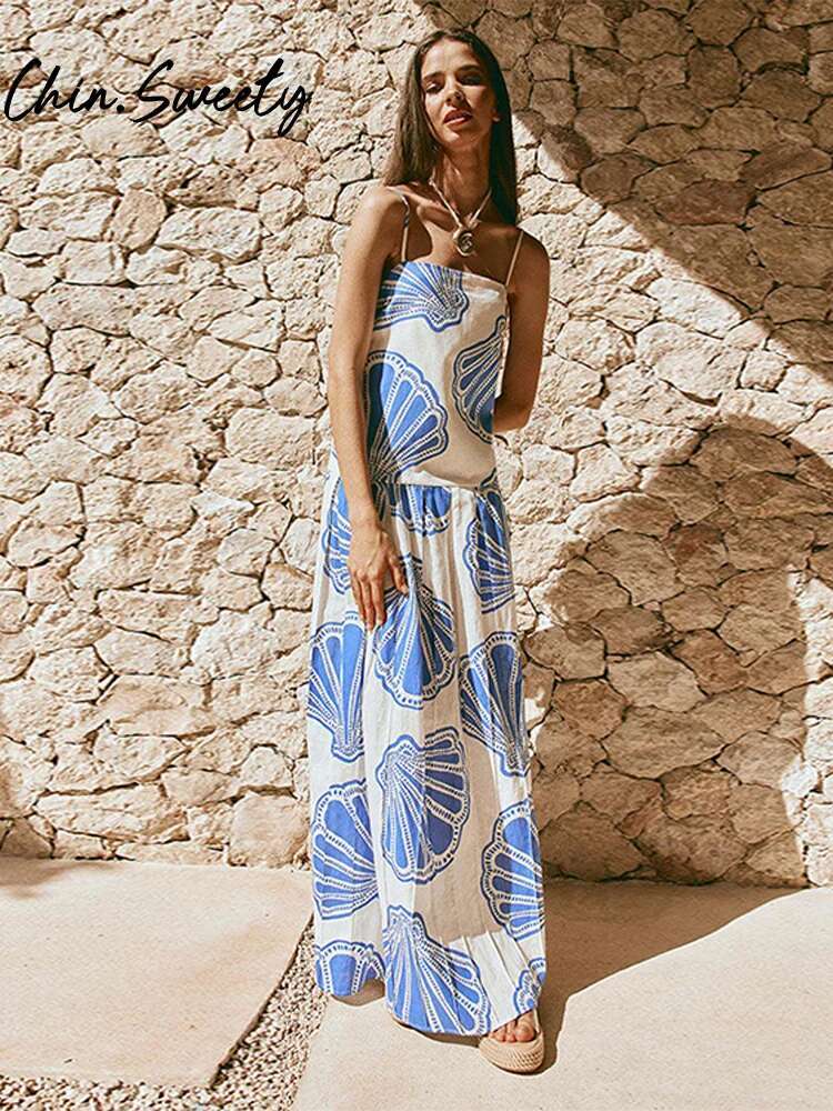 Fashion Printed Women Sg Dress Pleated Square Collar Sleeveless Backless Female Long Dresses 2025 Spring Summer Lady Robe