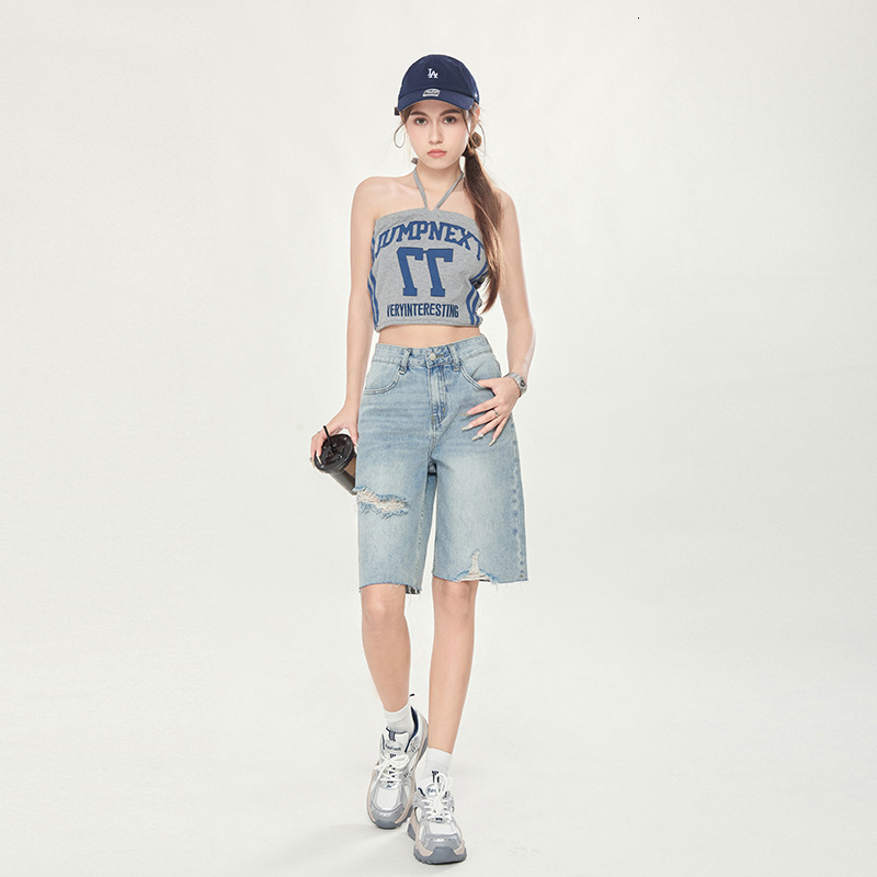2025S Designer Shorts For Women Broken Hole Denim Shorts For Women New Summer American Style Loose Wide Legged Small Cropped Shorts Mid Length Pants B