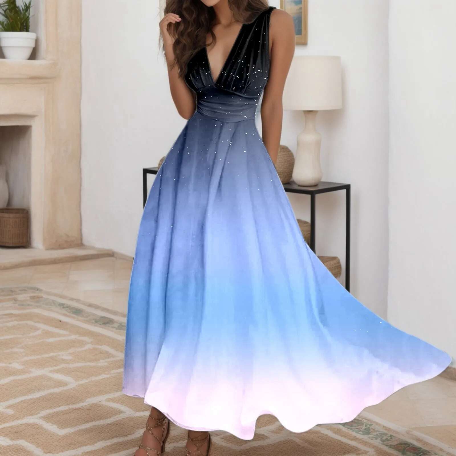 Dongdumaoyi Women Large Swing Gradient Color Long Dress Beach High Waist A Line Summer Deep V Neck Sleeveless Flowy Casual Maxi