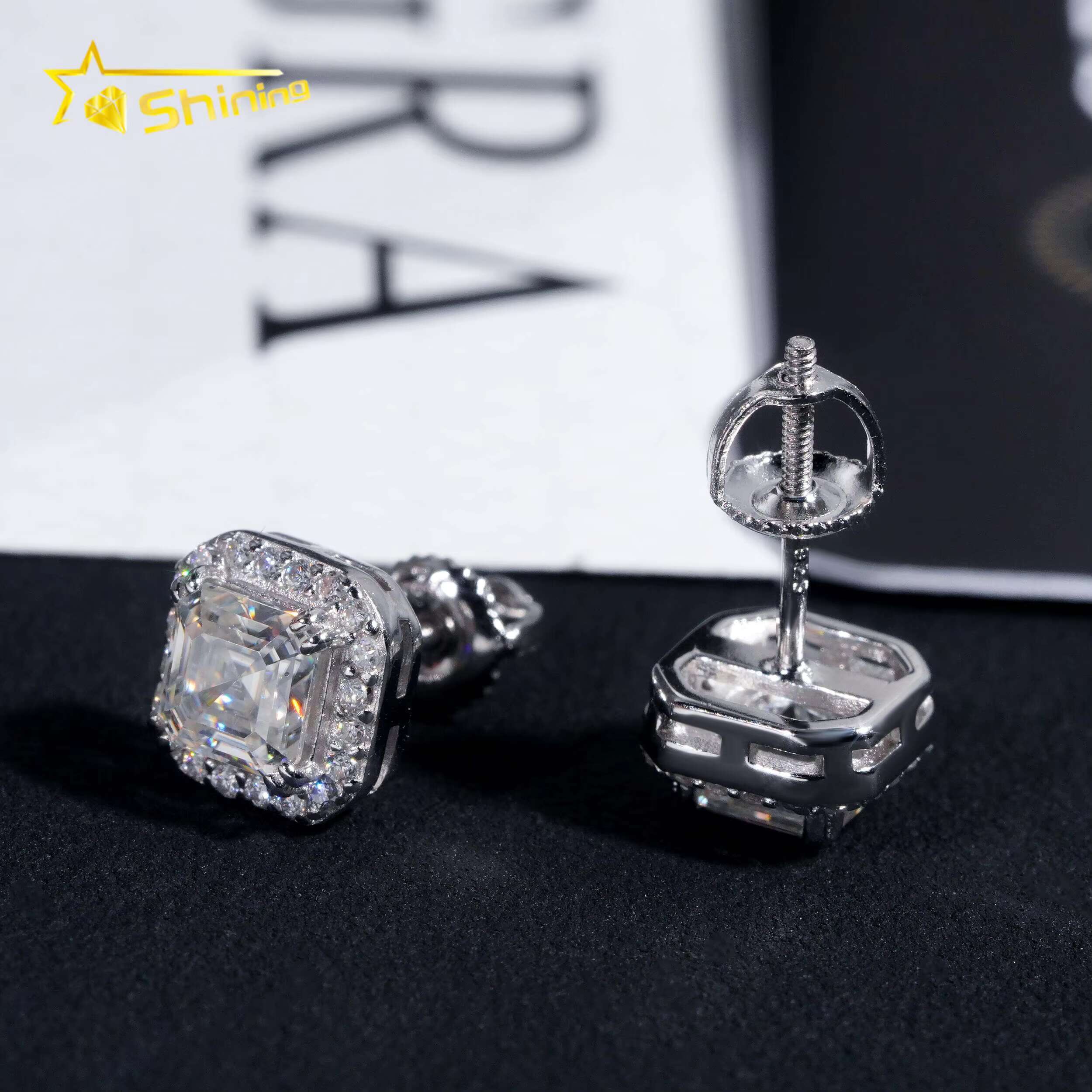 New Style Fine High Quality Asscher Cut Moissanite Stud Earrings 925 Silver Hip Hop Iced Out VVS Halo Moissanite Earrings