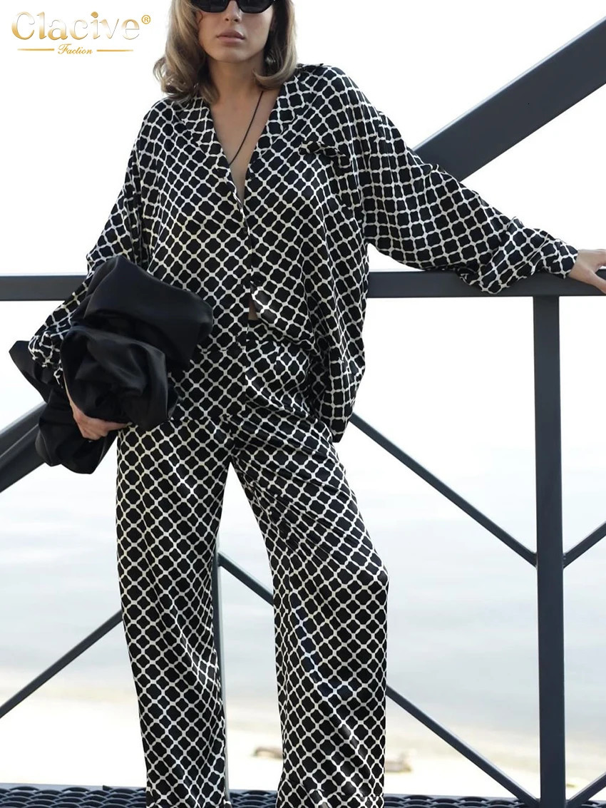 Clacive Fashion loose print womens twopiece set elegant long sleeved shirt high waist wide pants 250409