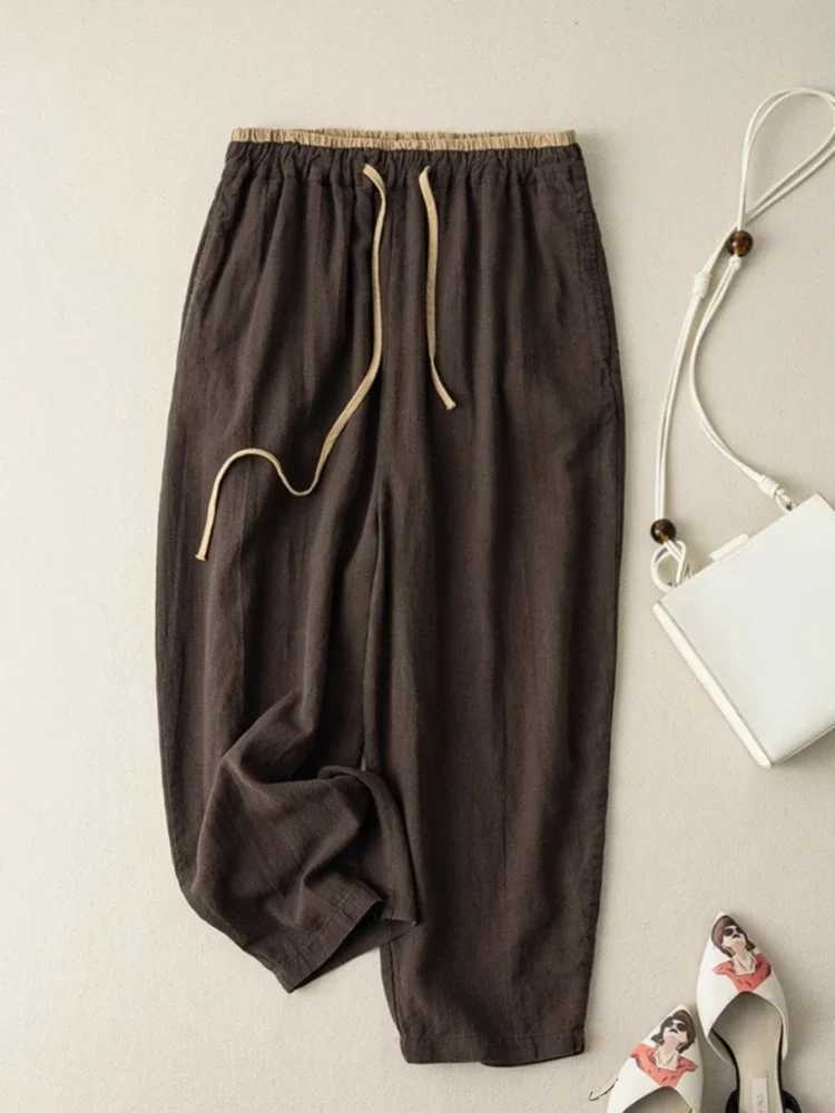 Elastic Drstring waist casual pants summer retro cotton linen loose harem pants basic Versatility wide leg ankle pantsXJ250403