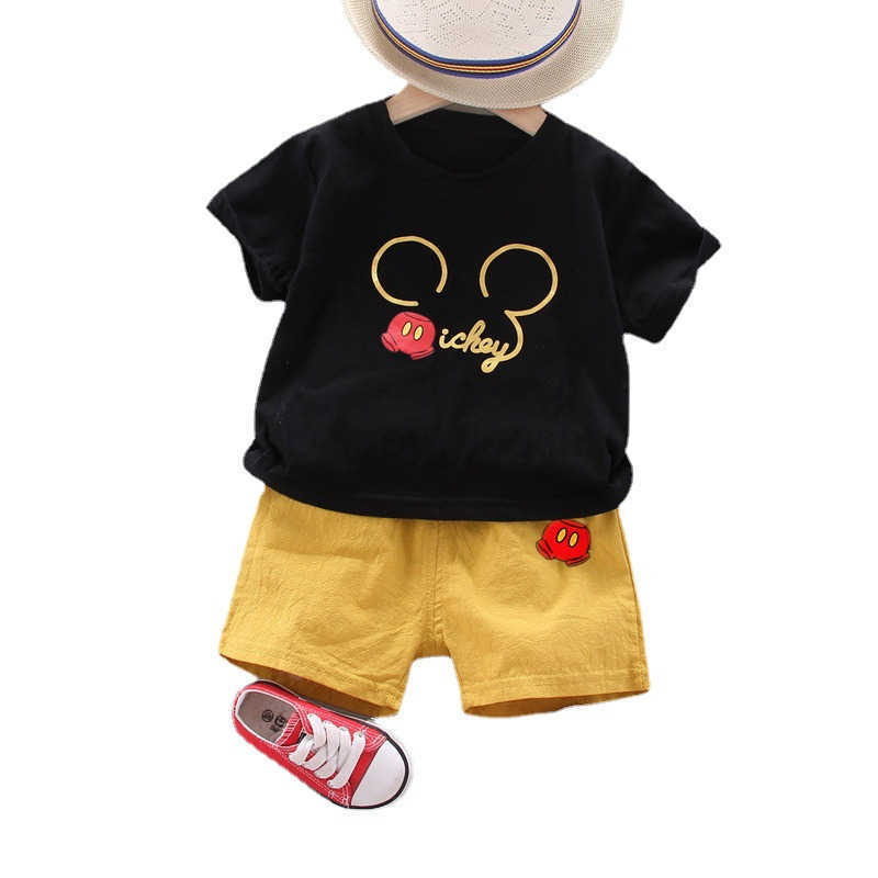 Disney Baby and childrens solid color summer pants fashionable baby summer outfit set trendy two-piece set cartoon T-shirt trendyXJ250409