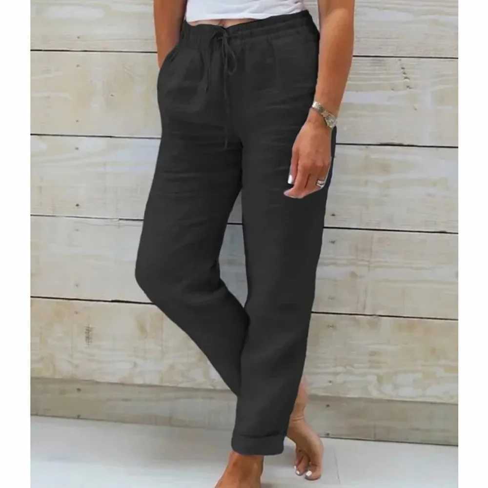 Womens summer and autumn breathable cotton linen fashion pants with elastic waist straight legs solid color Fe casual bag TrouserXJ250403