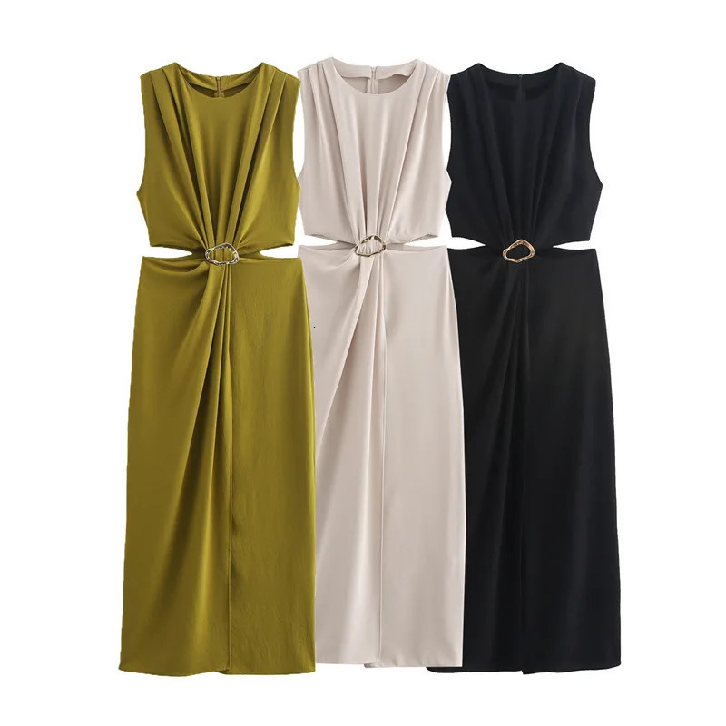 Womens Summer Solid Oneck Sleeveless Midi Dress Fashion Back Zipper Crop Hollow Folding n Party 250409