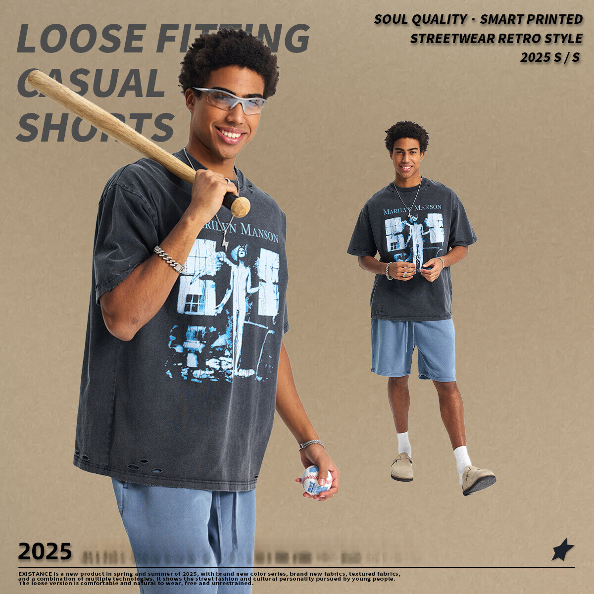 2025 Spring/Summer New American Trendy Brand Large Men's T-Shirt with distressed cut and wash print for men