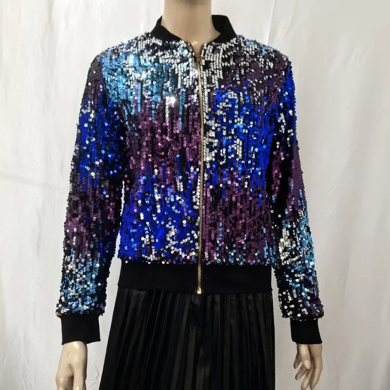 Womens baseball jacket fashionable sequin short zipper Coats long sleeved waistband 250409
