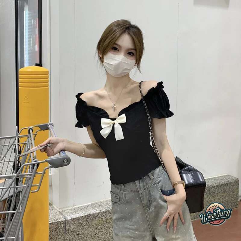 Fashion T-shirt Sweet Bowknot Women Pulovers Casual Short T-Shirt Top Puff Sleeve Women's Summer Tops Y2k Clothes