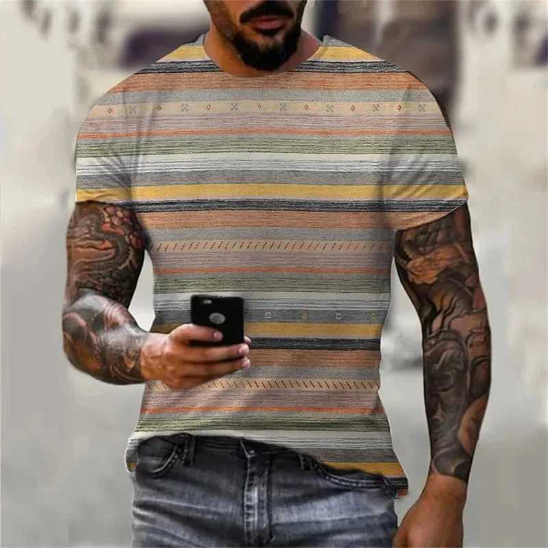 Stripe graphic mens T-shirt color block 3D printed T-shirt summer casual O-neck top loose sports short sleeved street T-shirtXJ250409
