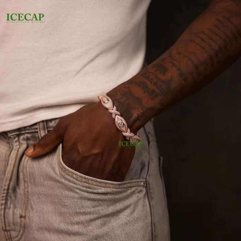 Hot Men Cuban Bracelet Ice Hiphop VVS Moissanite Cuban Link Chain Rose Gold Sterling Silver Eyes Bracelet