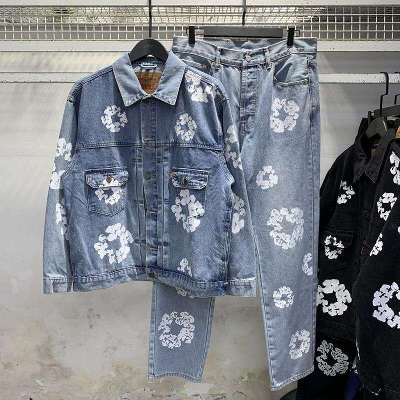 Women's Wear DT Cotton Print Denim Suit, High Street Youth Trend Jacket, Trendy Casual Pants, Men's Jeans