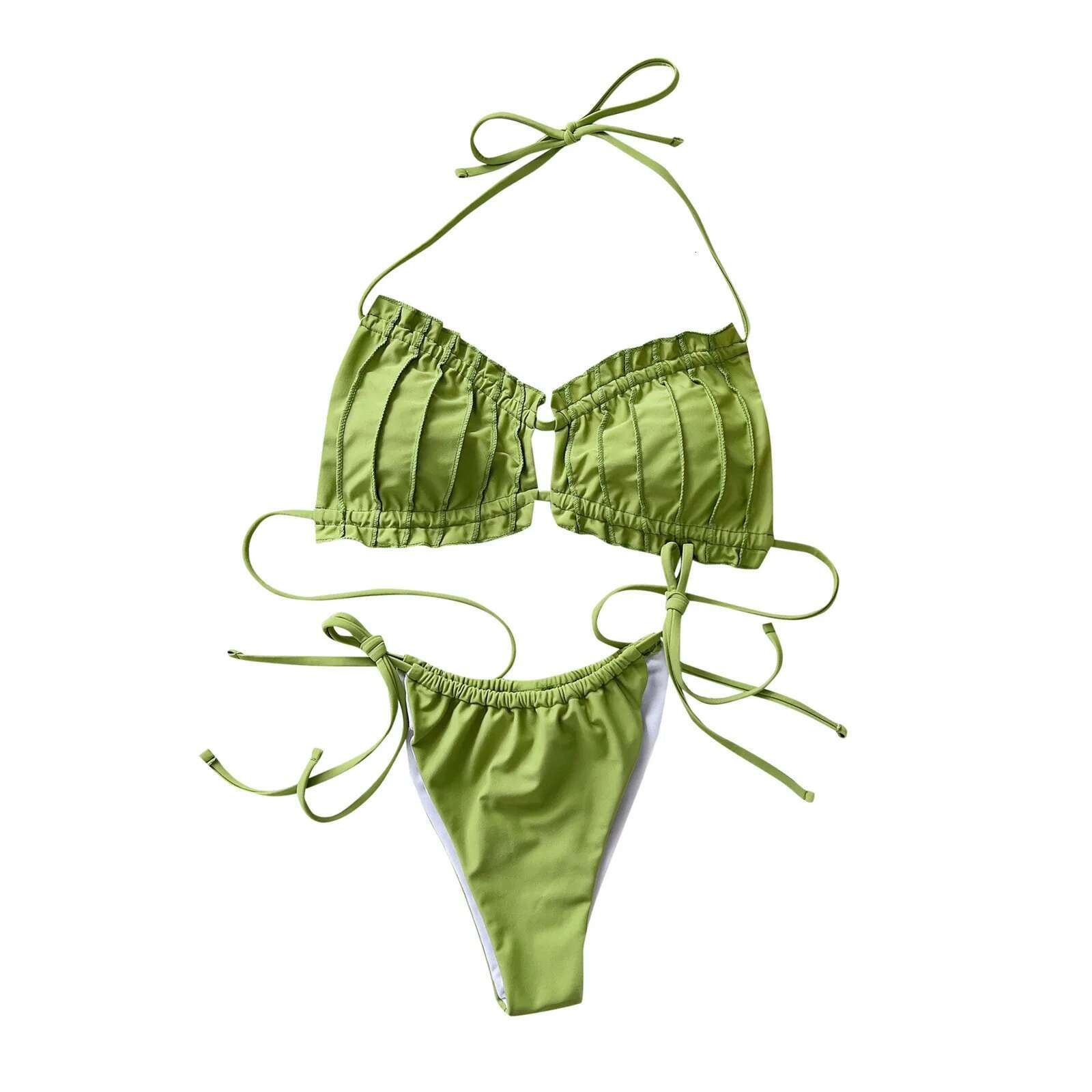 Dongdumaoyi Green Pleated Bikini Set For Women Summer Solid Color Ruffle Hollow Out Halter Backless Beach Swimwear Piece Swimsuit