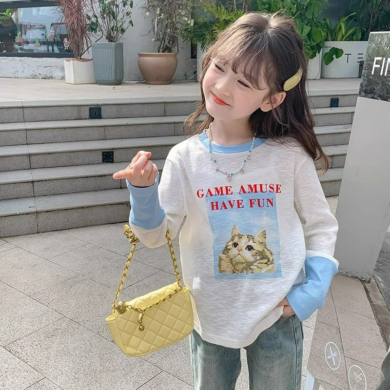 Ddmyshoesvip Spring And Autumn New Fashionable Medium Large Children S Color Contrast Long Sleeve Base T Shirt Trendy Printed Little Girls Top