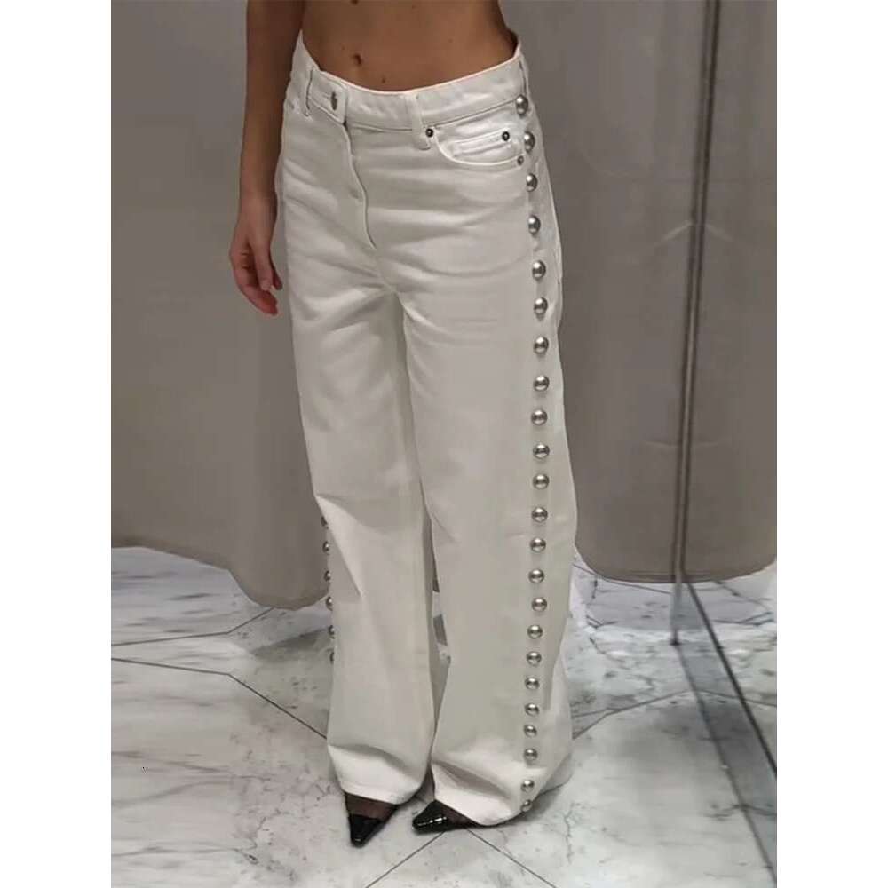 Women's Wear Designer Metal Rivets Women Denim Straight Baggy Waist Jeans Trousers Vintage Distressed Dragging High Street Pants