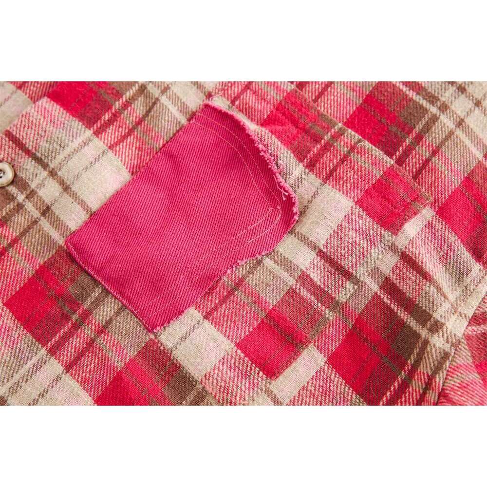 Patchwork Plaid Mens Spring High Street Single Breasted Loose Lapel Long Sleeve Raw Edge Shirts Men