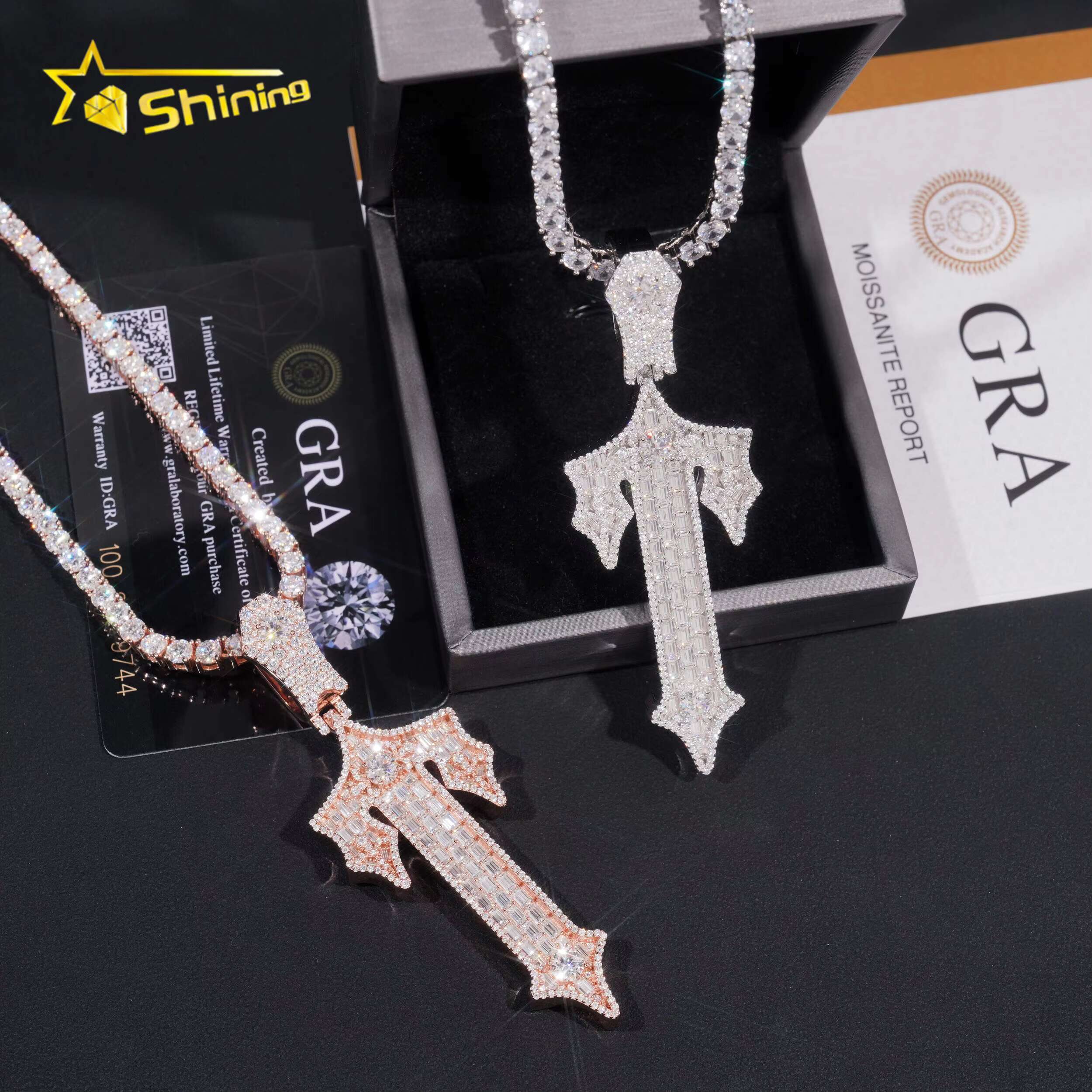 New Design 925 Sterling Sliver Gold Plated Pass Diamond Tester 2.5 Inches VVS Moissanite Iced Out Custom Cross Pendant Necklace