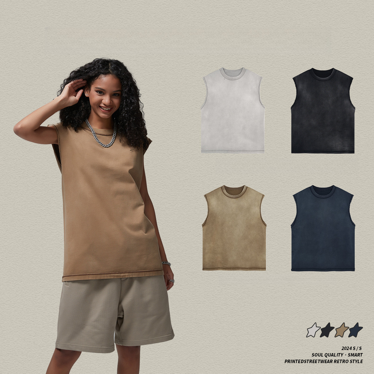 2025 summer spray painted washed fitness camisole men's pure cotton loose edged distressed sleeveless short sleeved T-shirt