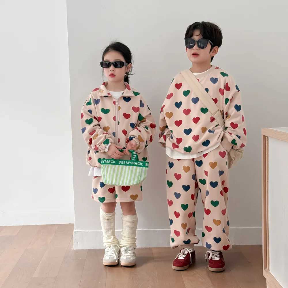 5379 children 2Pcs suit 2025 spring summer new full-color love sweater+pants boy two-piece set brother sisters clothing S2548