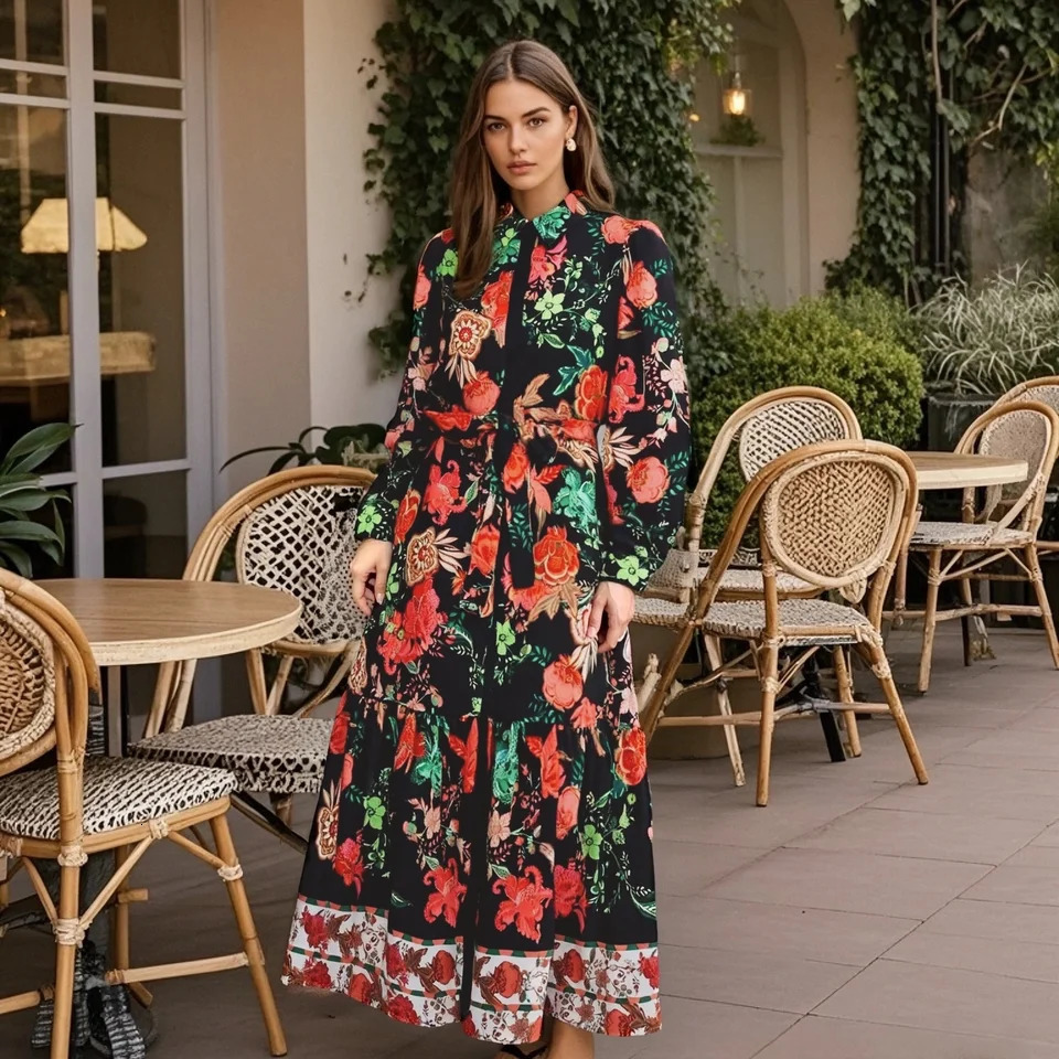 PB ZA Womens Long Sleeve Black Midi Dress with Colorful Floral Printed Waist Belt and Lace Bottom n 250409